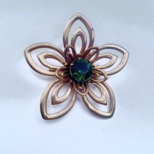 Flower Vintage Copper & Emerald Brooch